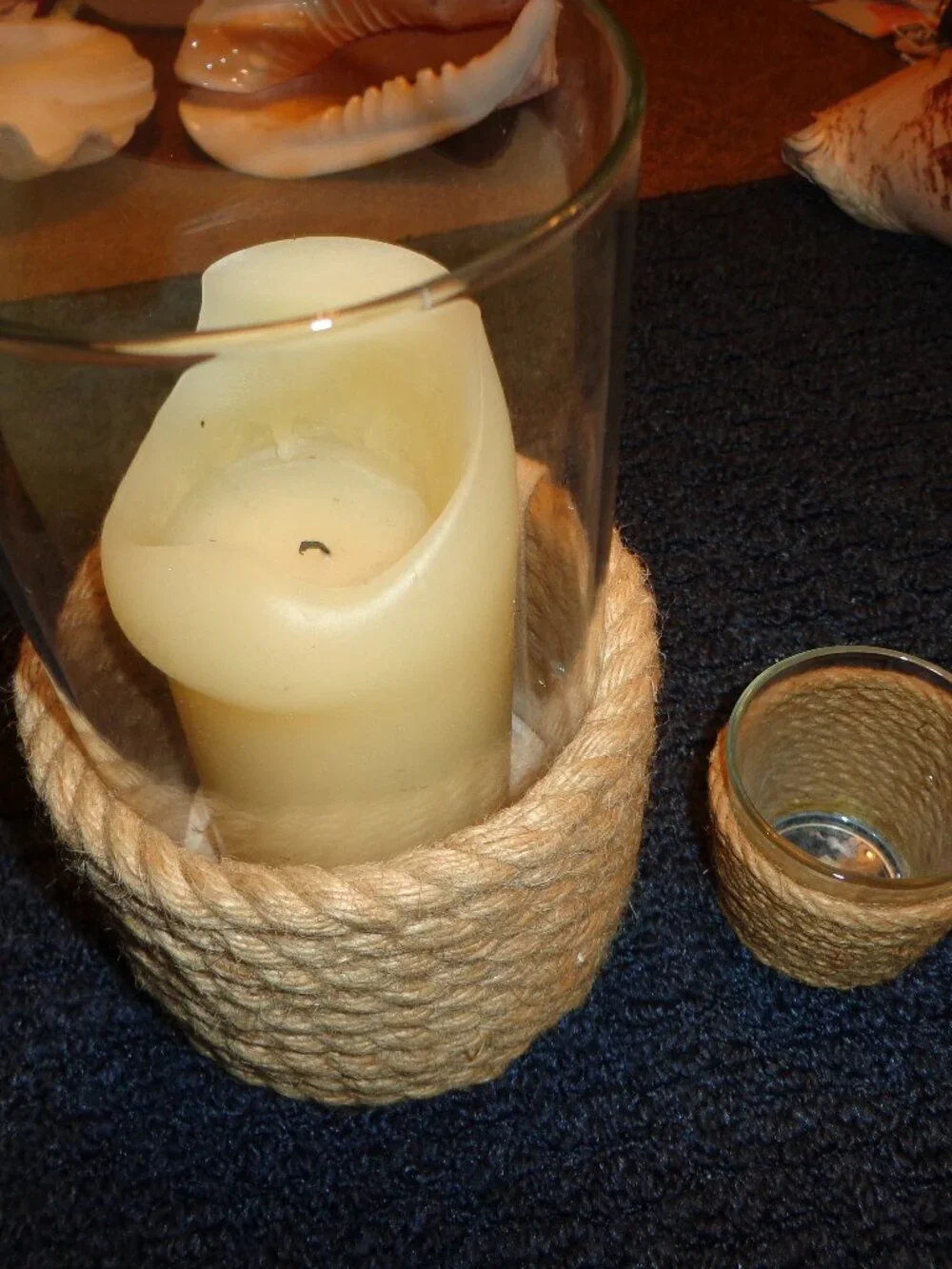 Lot of 2 Nautical Candle Holders Rope Glass Coastal Pillar & Tea Light Candle